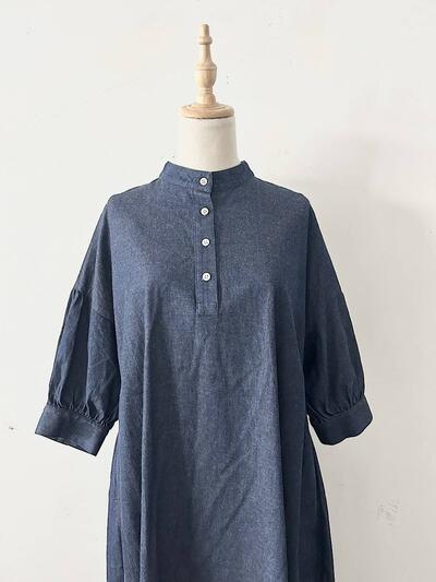 linen ya デニム スタンドカラー ギャザー ワンピース インディゴ ネイビー 画像2
