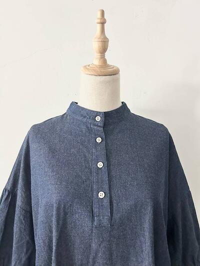 linen ya デニム スタンドカラー ギャザー ワンピース インディゴ ネイビー 画像3