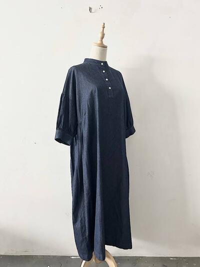 linen ya デニム スタンドカラー ギャザー ワンピース インディゴ ネイビー 画像4