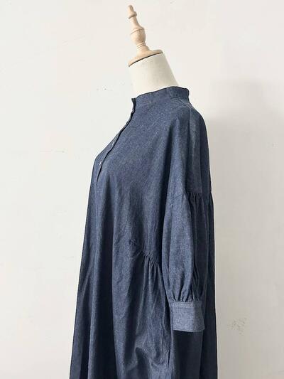 linen ya デニム スタンドカラー ギャザー ワンピース インディゴ ネイビー 画像5