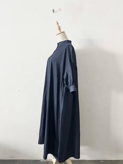 linen ya デニム スタンドカラー ギャザー ワンピース インディゴ ネイビー 画像6