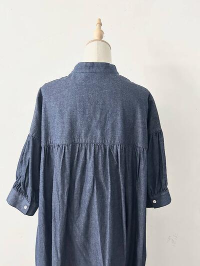 linen ya デニム スタンドカラー ギャザー ワンピース インディゴ ネイビー 画像7