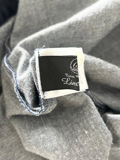 linen ya デニム スタンドカラー ギャザー ワンピース インディゴ ネイビー 画像9