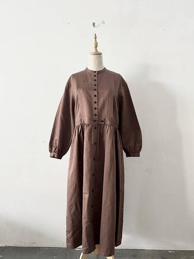 【美品】MAGALI リネンコットン ギャザー ロング ワンピース ブラウン 画像1