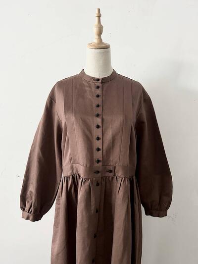 【美品】MAGALI リネンコットン ギャザー ロング ワンピース ブラウン 画像2