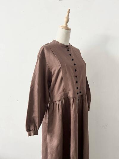 【美品】MAGALI リネンコットン ギャザー ロング ワンピース ブラウン 画像5