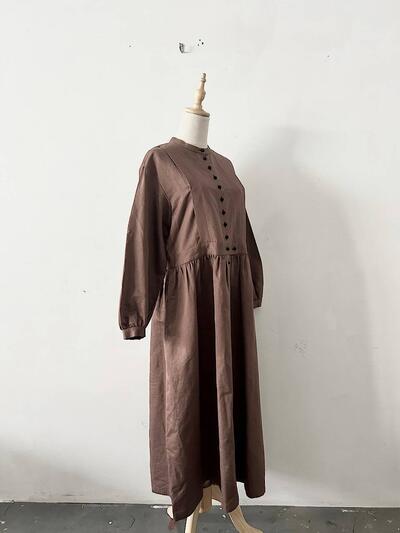 【美品】MAGALI リネンコットン ギャザー ロング ワンピース ブラウン 画像6