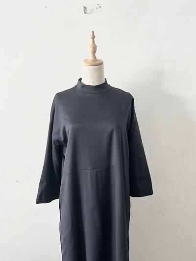【美品】utilite ウールスタンドカラーハイウエスト切替フレアロングワンピース ネイビー 画像2