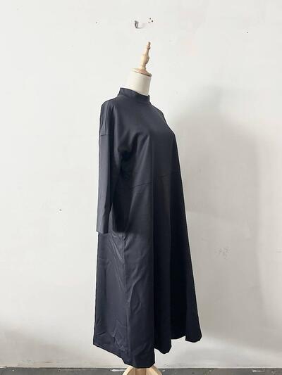 【美品】utilite ウールスタンドカラーハイウエスト切替フレアロングワンピース ネイビー 画像3