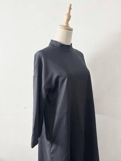 【美品】utilite ウールスタンドカラーハイウエスト切替フレアロングワンピース ネイビー 画像4