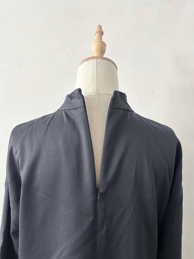 【美品】utilite ウールスタンドカラーハイウエスト切替フレアロングワンピース ネイビー 画像8