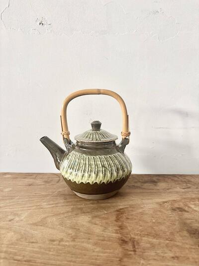 【美品】小鹿田焼 土瓶 急須 櫛目 綠釉 民藝 高さ約14cm 幅約18cm 画像1