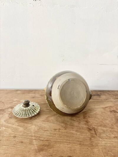 【美品】小鹿田焼 土瓶 急須 櫛目 綠釉 民藝 高さ約14cm 幅約18cm 画像7