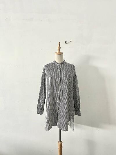 Hands of creation（ハンズオブクリエイション） コットン 縦ストライプ バンドカラー ロングシャツチュニック 画像1