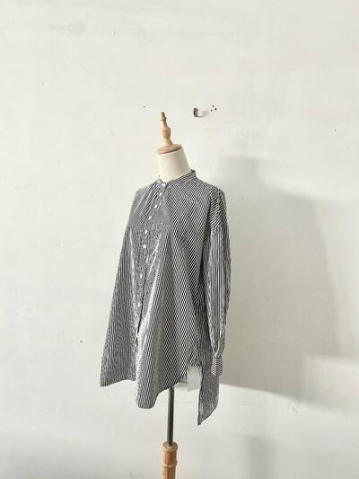 Hands of creation（ハンズオブクリエイション） コットン 縦ストライプ バンドカラー ロングシャツチュニック 画像3