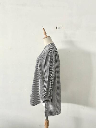 Hands of creation（ハンズオブクリエイション） コットン 縦ストライプ バンドカラー ロングシャツチュニック 画像4