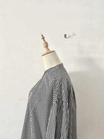 Hands of creation（ハンズオブクリエイション） コットン 縦ストライプ バンドカラー ロングシャツチュニック 画像5