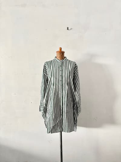 【美品】Hands of creation　ノーカラーチュニックシャツ　ストライプ　白緑　サイズF　 画像1