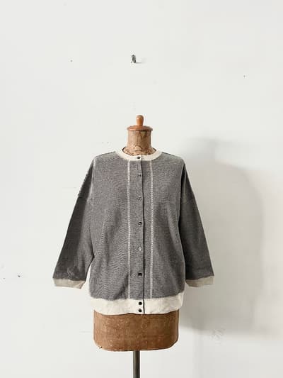 【美品】Hands of creation　ワッフルボーダー　カーディガン　コットン　サーマル　グレージュ黒 画像1