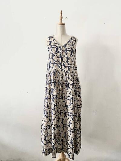 【美品】LISETTE ヒマワリ柄 リネン ノースリーブ ロング ワンピース 画像1