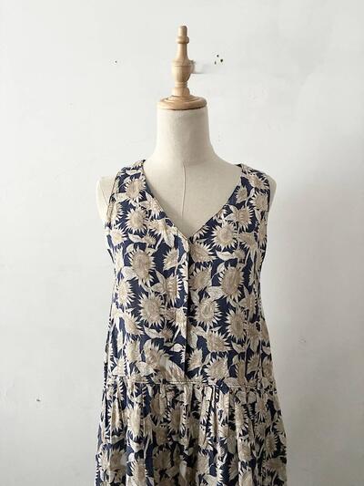 【美品】LISETTE ヒマワリ柄 リネン ノースリーブ ロング ワンピース 画像2