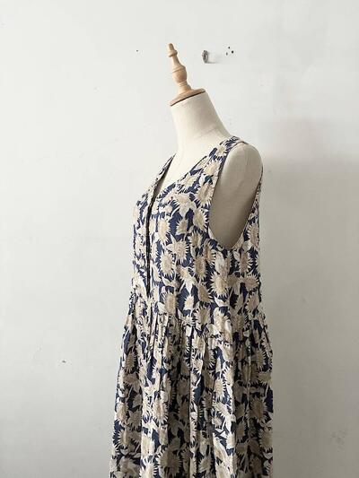 【美品】LISETTE ヒマワリ柄 リネン ノースリーブ ロング ワンピース 画像6