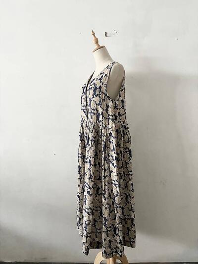 【美品】LISETTE ヒマワリ柄 リネン ノースリーブ ロング ワンピース 画像7