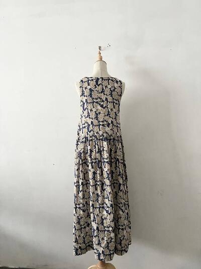 【美品】LISETTE ヒマワリ柄 リネン ノースリーブ ロング ワンピース 画像8