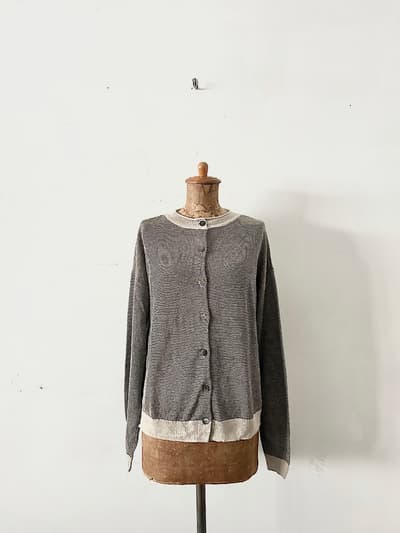 【美品】Hands of creation　リネンボーダーカーディガン　サイズF　ベージュ茶　 画像1