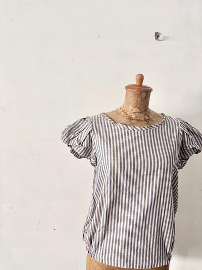 【美品】amherst アムハースト 綿麻 ストライプ パフスリーブ ブラウス　 画像2