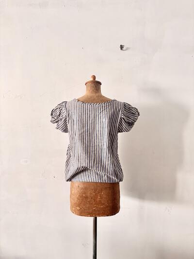 【美品】amherst アムハースト 綿麻 ストライプ パフスリーブ ブラウス　 画像3