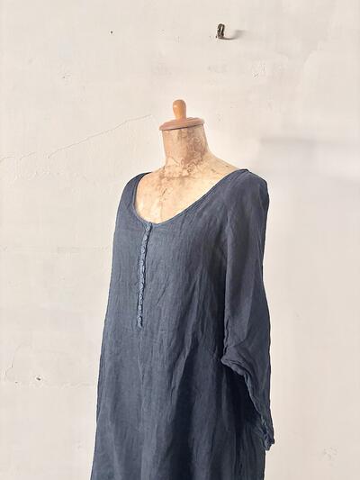 【未使用】TOUJOURS トゥジュー リネン ヘンリーネックワンピース ネイビー　　 画像4