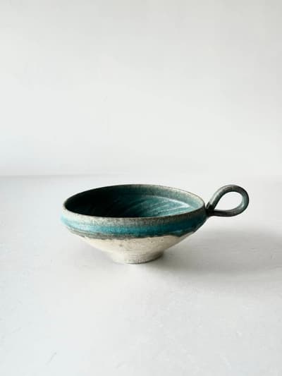 【美品】藤原純　手付口広　スープカップ　青 画像1