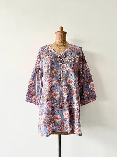ANOKHI　花柄シャツ　チュニック　プルオーバー　グリーンブルー　サイズL　インド製 画像1