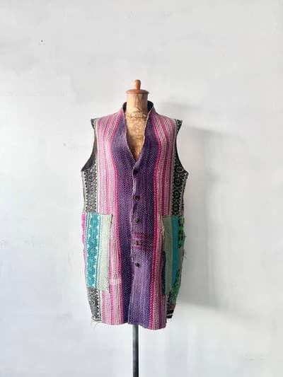カンタ刺繍　古布刺し子ベスト　インド　手仕事 画像1