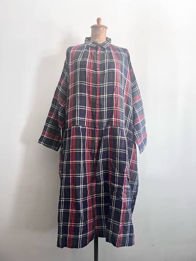 【美品】ichi antiques　リネンチェックワンピース　FREE　ネイビー赤 画像1