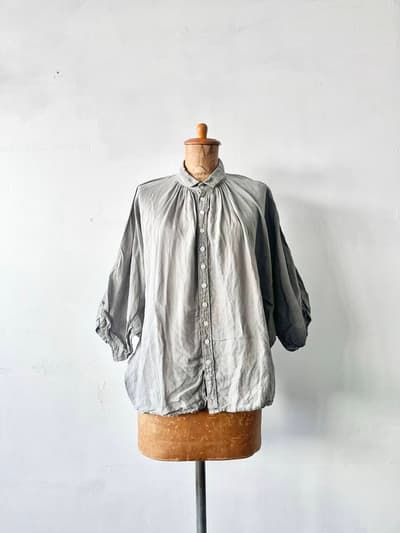 【美品】Brocante　グランシャツ 麻 ハーフスリーブ トップス ギャザーリネンブラウス　グレー　サイズ２ 画像1