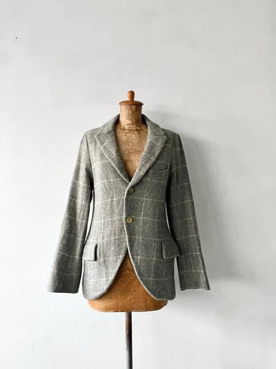 【美品】TOUJOURS　ウールチェック柄ジャケット　エルボーパッチ　サイズ２　濃グレー 画像1