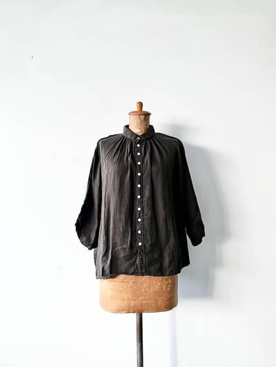 Brocante　グランシャツ 麻  ハーフスリーブ トップス  ギャザーリネンブラウス　黒　サイズ２ 画像1