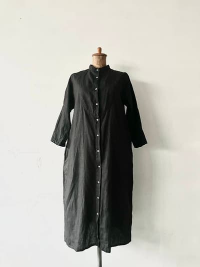 fog linen work　バンドカラーシャツワンピース　ブラック　リトアニア 画像1