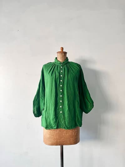 【美品】Brocante　グランシャツ 麻  ハーフスリーブ トップス  ギャザーリネンブラウス　グリーン　サイズ２ 画像1