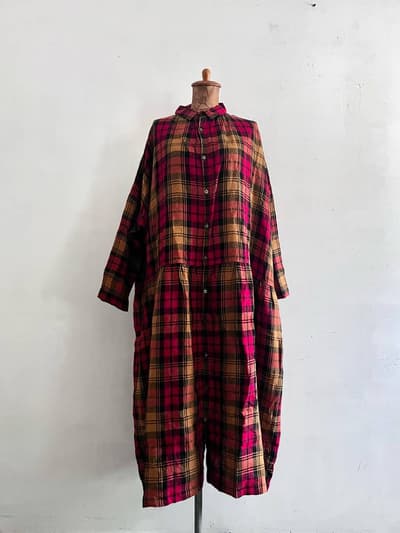 【美品】ichi antiques　リネンチェックワンピース　FREE　キャメル赤 画像1