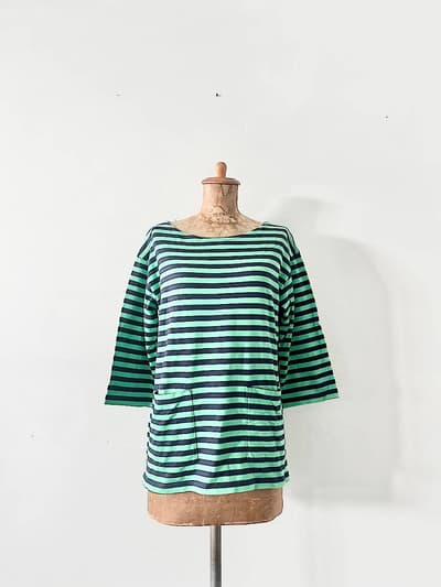 【北欧】marimekko　ボーダー7部袖Tシャツ　ポケット　サイズXS　グリーンネイビー 画像1