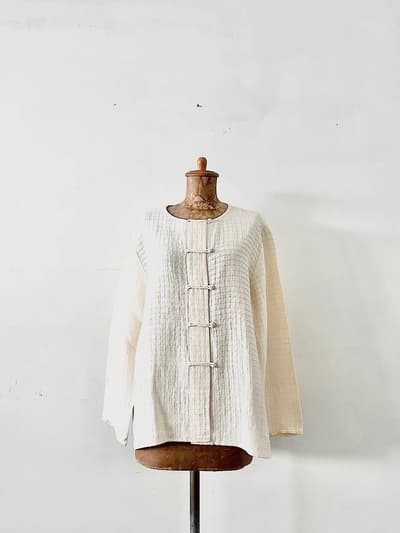 【美品】EILEEN FISHER　チャイナシャツ　サイズL　シルク　リネン 画像1