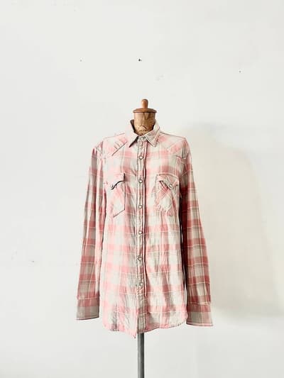 【Men's】RRL　チェック　ウエスタンシャツ　コットン　ピンク　サイズM 画像1