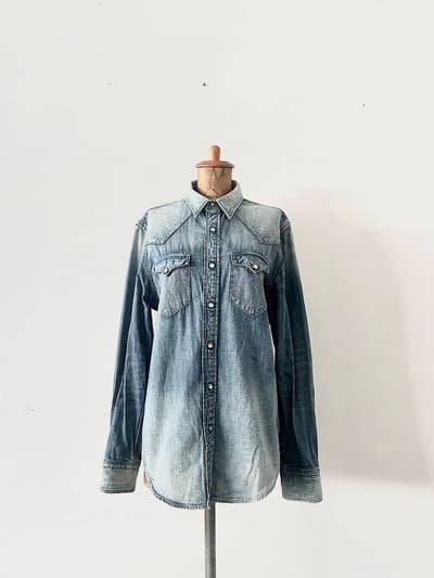 【Men's】RRL　インディゴウエスタンシャツ　コットン　ダメージ加工　サイズM  画像1