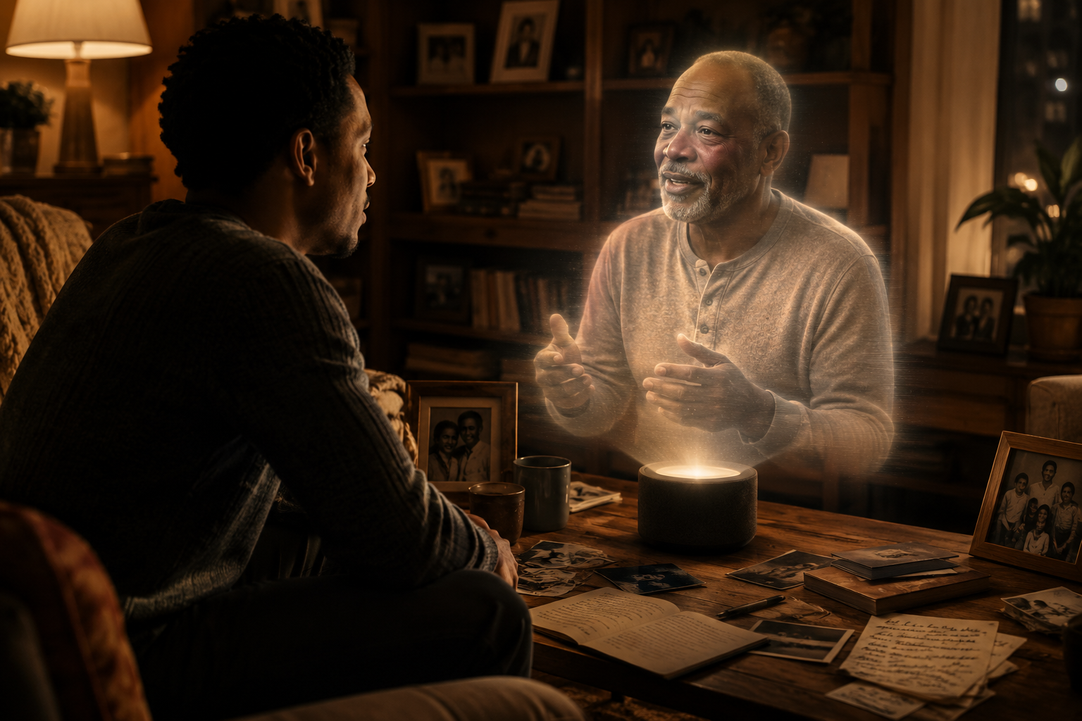 Adult family member speaking with an AI digital legacy avatar of a deceased parent, illustrating how future generations may preserve family stories and memories.