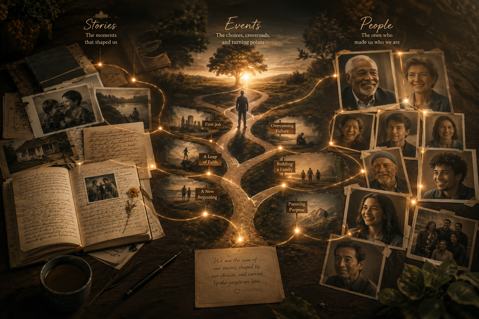 Visualization of family stories, life events, and important relationships that form the foundation of digital legacy preservation.