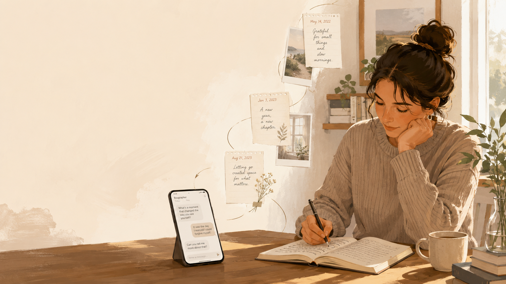A person reflecting while writing at a warmly lit desk, representing an EchoVault text check-in with the AI biographer.