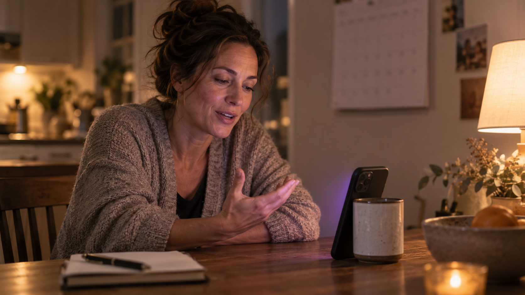 A person recording a voice Check-In on their phone at home, building their Echo one month at a time